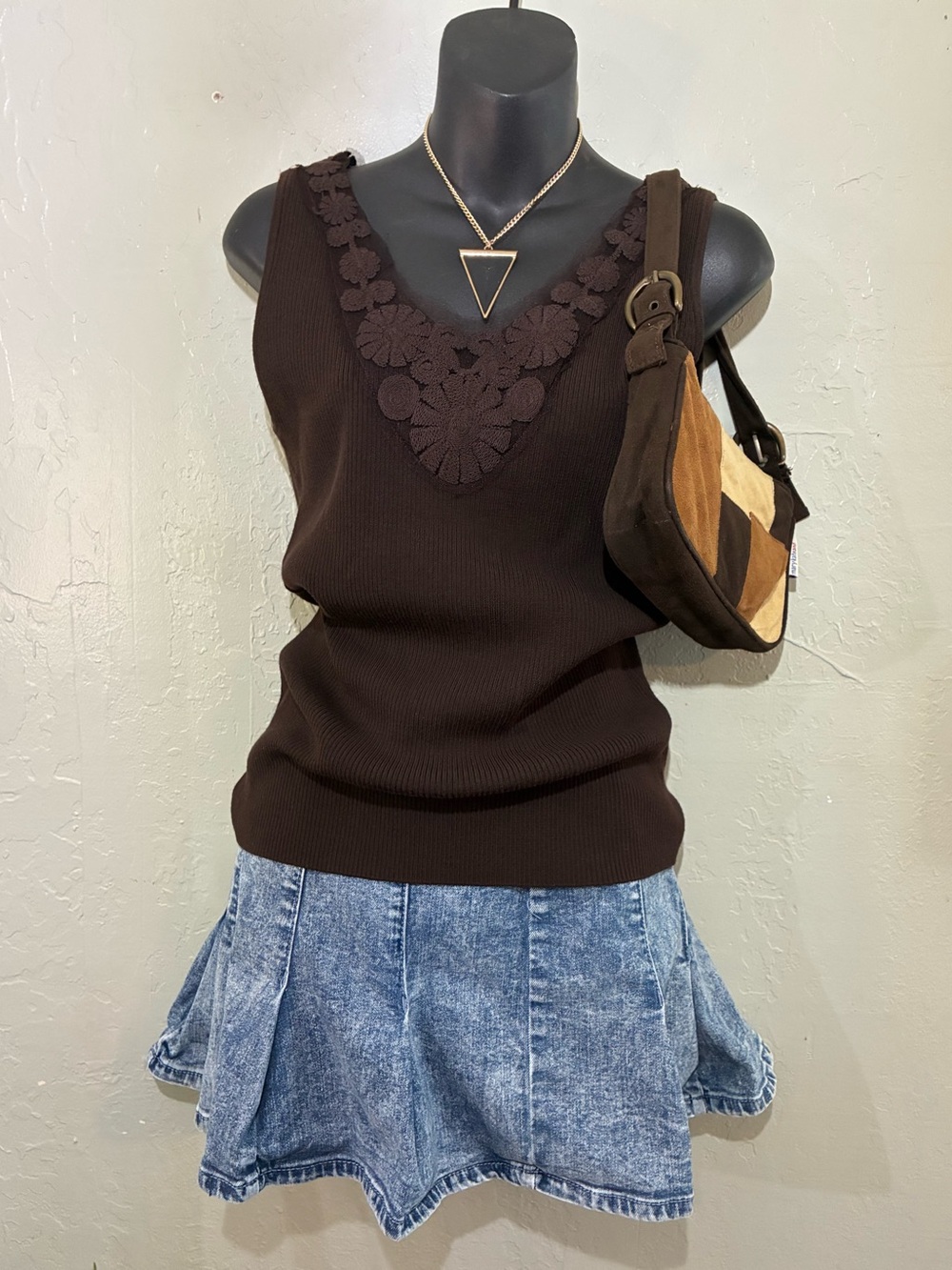 Nygard Collection Fairy Grunge Brown Mesh embroidered short sleeve blouse sz M